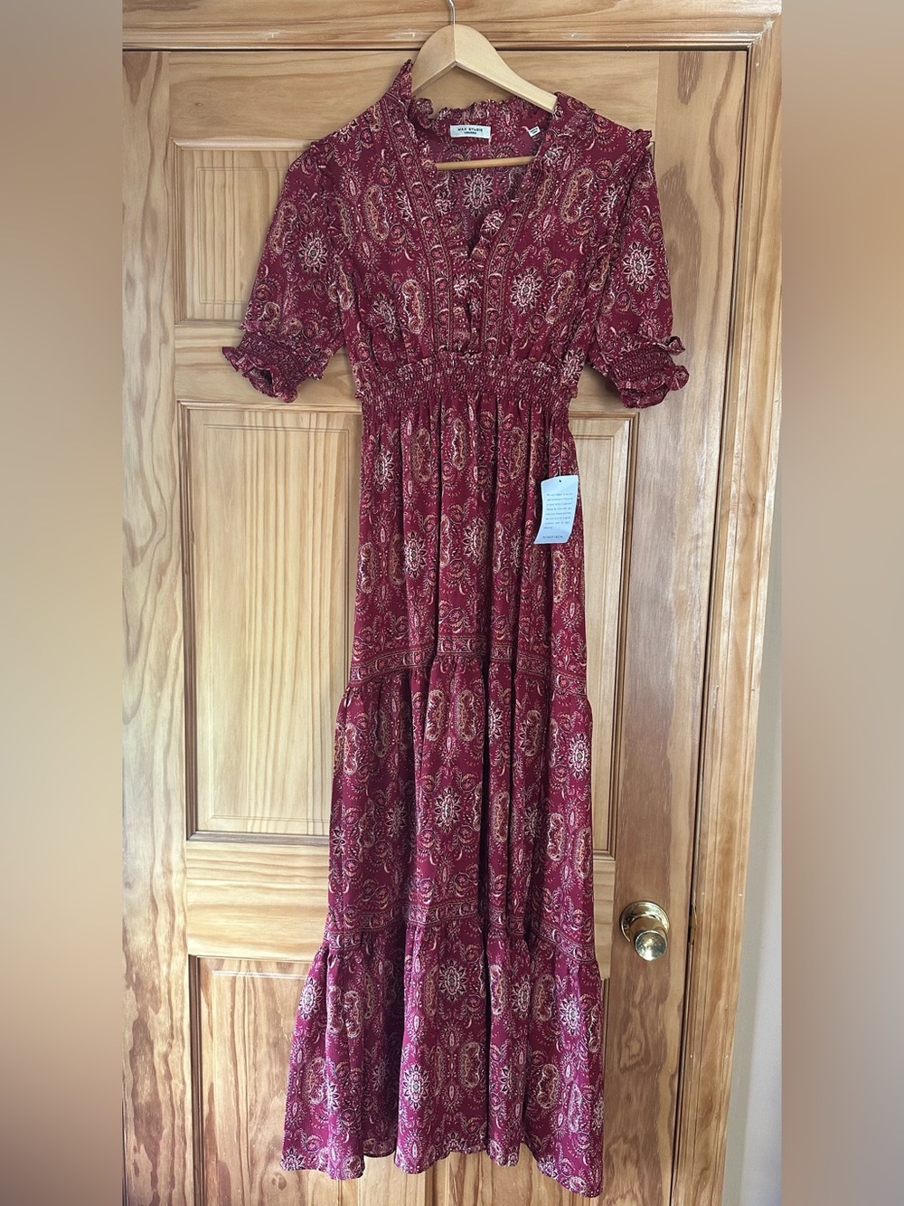 Max Studio Ruffle Collar Print Tiered Maxi Dress Burgundy & Pink